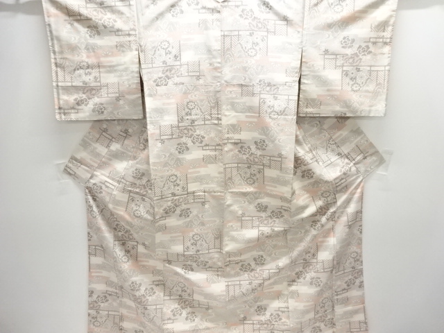 JAPANESE KIMONO / SILK / TOKAMACHI TSUMUGI / WOVEN STREAM & FLORAL PLANTS